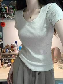 女士短袖T恤，露脐短款上衣，修身纯色打底衫 - 灰色 - 查看 3
