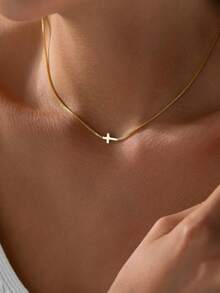 1pc Elegant Gold Necklace With Cross Pendant, Suitable For Women's Daily Wear - Gold - View 1