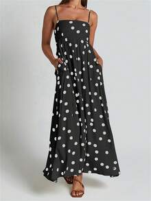 Women Summer Spaghetti Strap Dress Casual Dot Print Backless A-Line Party Dress For Vacation Cocktail Beach Streetwear - màu đen - Xem 2