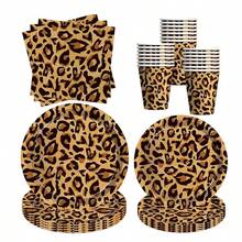 68/10 豹纹盘子 7 英寸、9 英寸、纸杯、纸巾 - 丛林狩猎派对用品、动物印花一次性纸质食物托盘、适用于生日、婴儿派对、丛林派对装饰、豹纹盘子和餐巾派对用品 - 彩色 - 查看 2