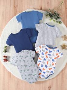 5 件装男婴图案印花三角连体衣 - 藏蓝色 - 查看 3