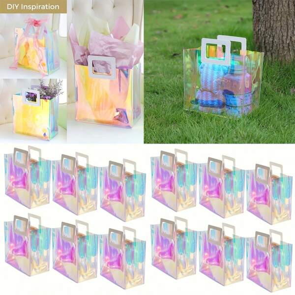 Iridescent Holographic Gift Bags – Ombre Rainbow Plastic Tote Wrap Bags With White Leather Handles, For Birthday, Wedding Favors– Versatile Reusable Party Favors Bags