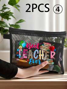 教师答谢礼物网眼大容量便携式化妆包，印有“老师”字样，玫瑰红色亚麻零钱包，化妆包，有衬里，无封口 - 非常适合教育工作者和学校工作人员，教师答谢礼物，时尚休闲配饰，适合外出、度假、日常通勤，化妆包，适合假日海滩、浴室收藏、卧室收藏，大容量 - 黑色 - 查看 20