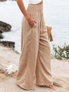 Women High Waist Straight Leg Loose Solid Color Pleated Trousers - Khaki - View 2