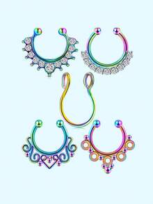 5 件鼻环假鼻穿孔鼻夹鼻中隔，假鼻环假穿孔饰品非穿孔鼻中隔环女士男士朋克风格嘻哈时尚装饰，日常佩戴 - 彩色 - 查看 6