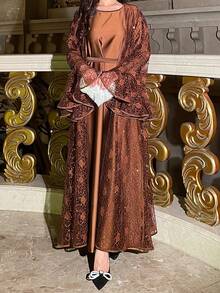Modest Lace Abaya Sequin Lace Abaya With Inner Dress Two Pieces Abaya Set Occasion Dress - Brown - View 6