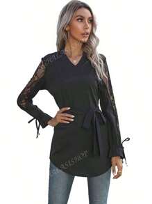 Las mujeres de malla corbata camisa Slim Loose Temperamento Cuello de pie Top