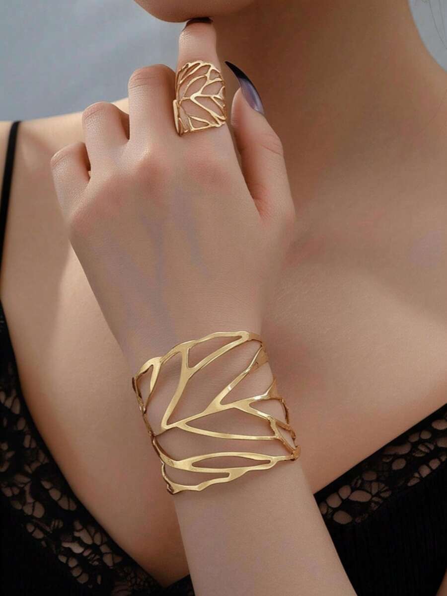 1 件金属时尚几何叶手链和 1 件金属时尚几何叶戒指