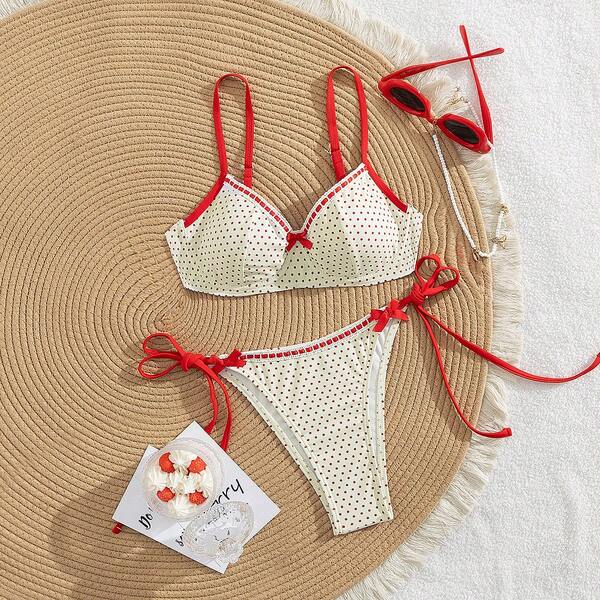 2025 Wiosna/Lato Kontrastujący Polka Dot Falbaniasty Oddzielny Kostium Kąpielowy Na Fiszbinach, Idealny Na Plażę, Gorące Wiosny I Sesje Zdjęciowe