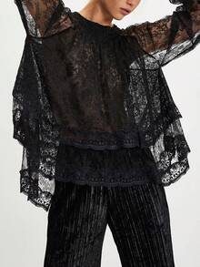 Women Y2K Layered Sheer Lace Off The Shoulder Shirt Top Solid Color Long Lantern Sleeves Tiered Mesh See Through Tee Shirts Back Tie Up Dressy Blouse Summer Cute Going Out Tops Vintage Aesthetic Clothes Party Club Streetwear - màu đen - Xem 3