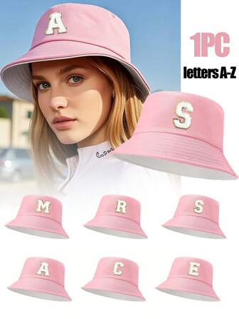粉色户外大檐渔夫帽防晒遮阳帽夏季休闲帽，带首字母A-Z，白色毛巾刺绣，时尚个性化，轻便，防晒，双面，聚酯纤维耐磨