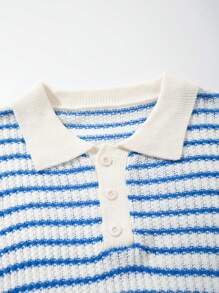 Unisex Retro Loose Casual Striped Short Sleeve Polo Collar Knitted Top, European And American Style