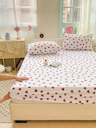 1pc INS Delicate Heart Print Fitted Sheet, Bedroom Bedding, Suitable For All Seasons (Pillow Case Not Included)