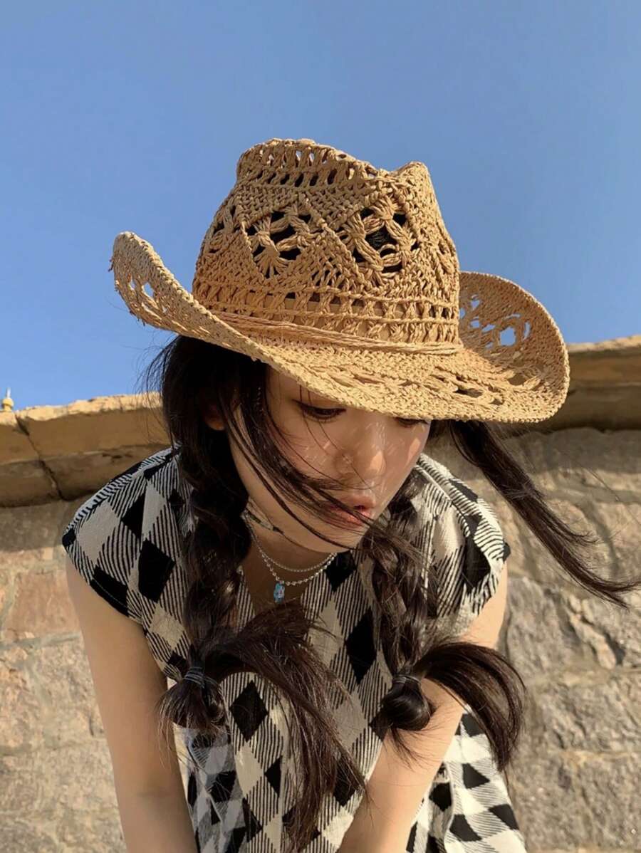 1pc Handmade Fashion Panama Straw Hat, Bohemian Beach Sun Hat, UV Protection Sun Cap, Casual Windproof Hat