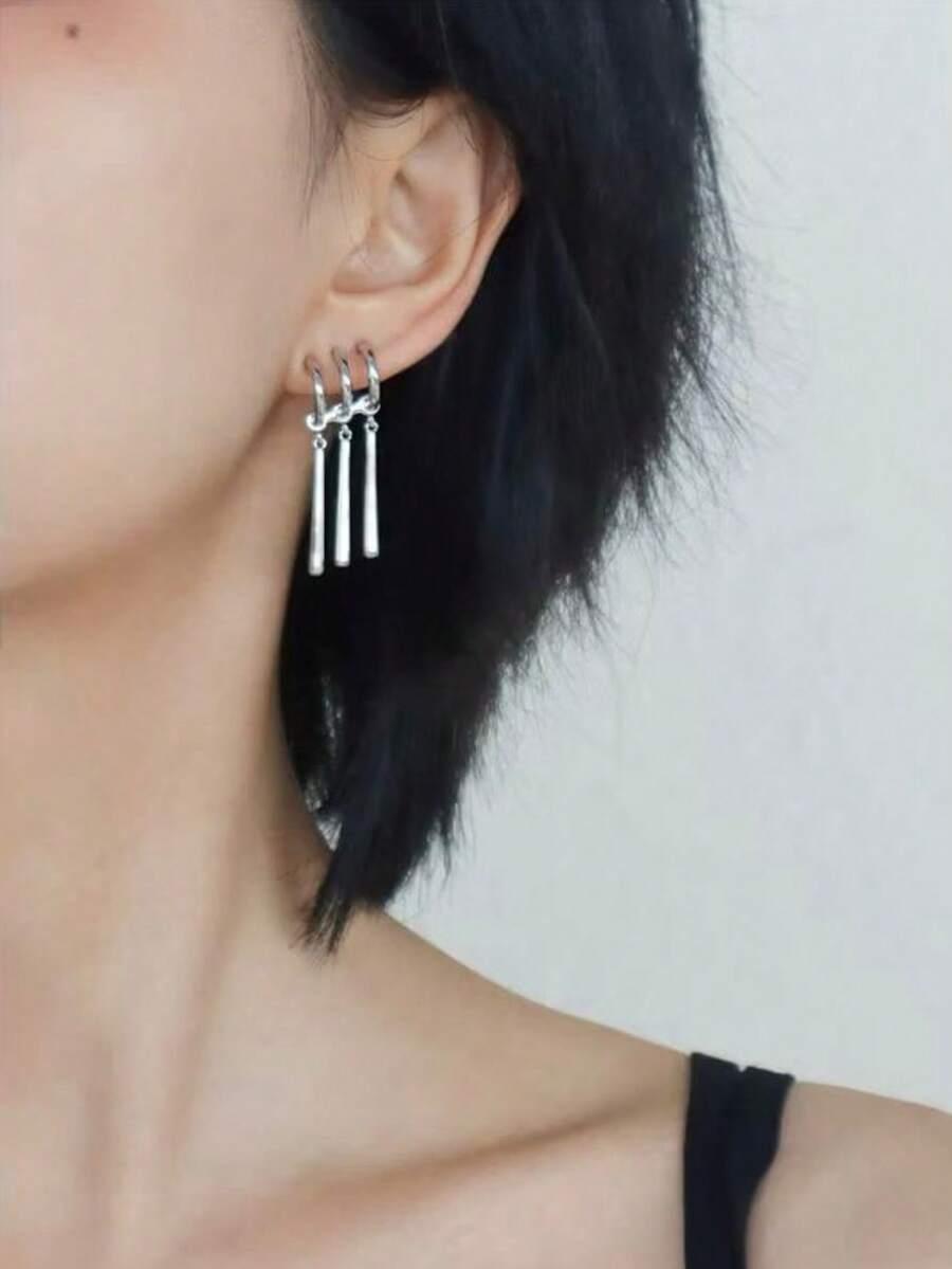1 Pair Zoro Unisex Metal Long Bar Pendulum Earrings Hip-Hop Punk COSPALY - Bạc - Xem 1