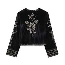 MUMRAP Women Fashion Solid Embroidery Printing Jacket Vintage Long Sleeve Loose Coat