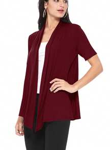 Casual Solid Short Sleeve Open Front Draped Cardigan For Office & Everyday Wear - 酒紅色 - 查看 2