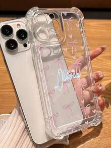 Pink Bow + Name Customized Four Corners Anti-Drop Mobile Phone Case, Customized Name Mobile Phone Case, Personalized Anti-Drop Design Mobile Phone Case, Compatible With Apple 11/12/13/14/15promax, Galaxy A06/A16/A26/A36/A56/S23/24/S25ultra Series - Clear - View 4