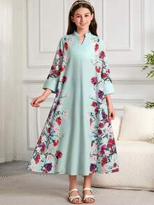 Tween Girls Arabic Style Loose Printed Long Dress - Multicolor - View 3