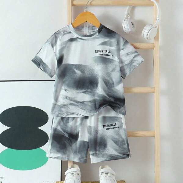 2pcs Kids Casual Outfit, Boys Summer Short Sleeve T-Shirt + Shorts, Suitable For Daily Wear And Outdoor Activities, With Tie-Dye Technique