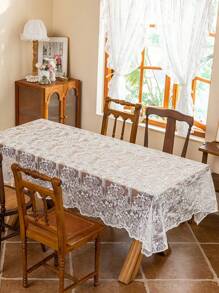 1pc White Embroidered Wavy Edge Tablecloth, High-End Lace Tablecloth Suitable For Weddings, Holiday Gatherings, Daily Home Use Tablecloth Decor