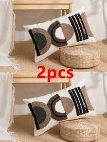 1 Peça/2 Peças Conjunto de Capa de Almofada Decorativa com Padrão Semicircular DC, Bordado em Veludo de Lona Estilo Nórdico, Têxtil Doméstico, Decoração de Sala de Estar, Quarto, Sofá, Festa de Feriado, Jardim Externo, 30*50cm 45*45cm, Sem Almofada Interna - Marrom Claro - Visão 16