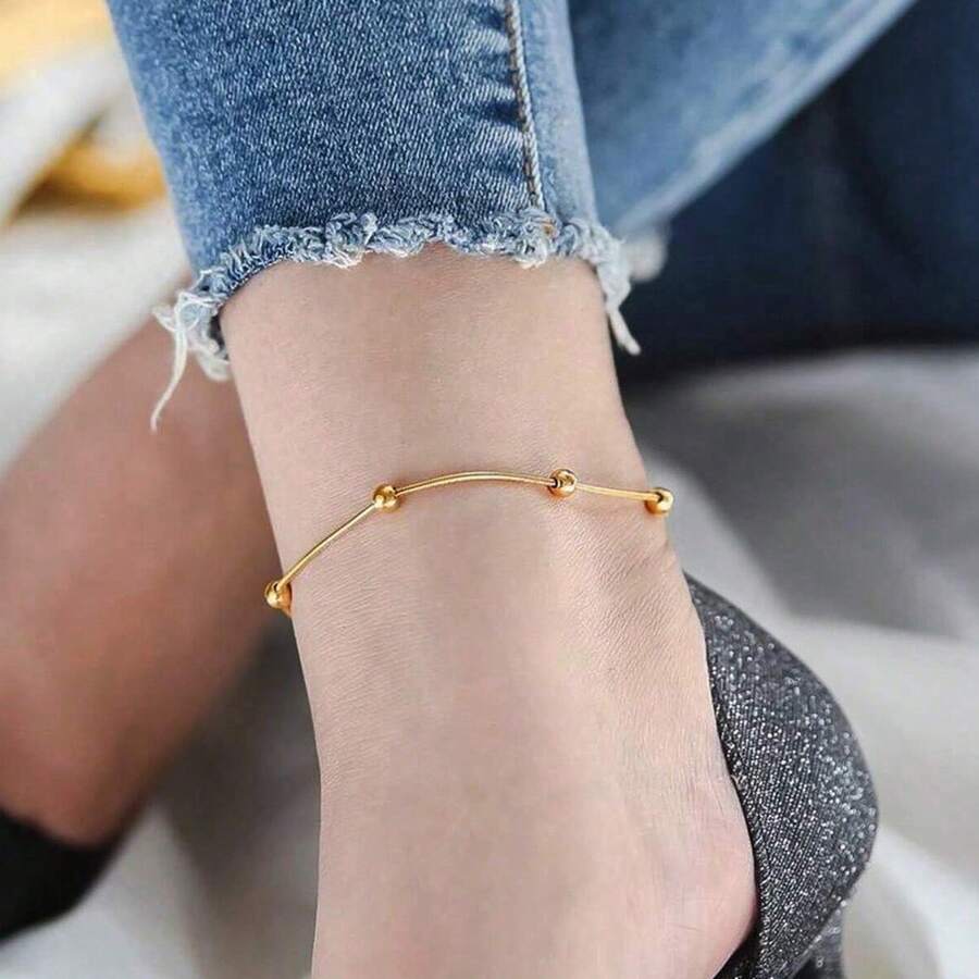 1pc Fashionable And Minimalist Snake Bone Beaded Anklet Chains For Women's Daily Foot Jewelry Decoration - Yellow Gold - View 1