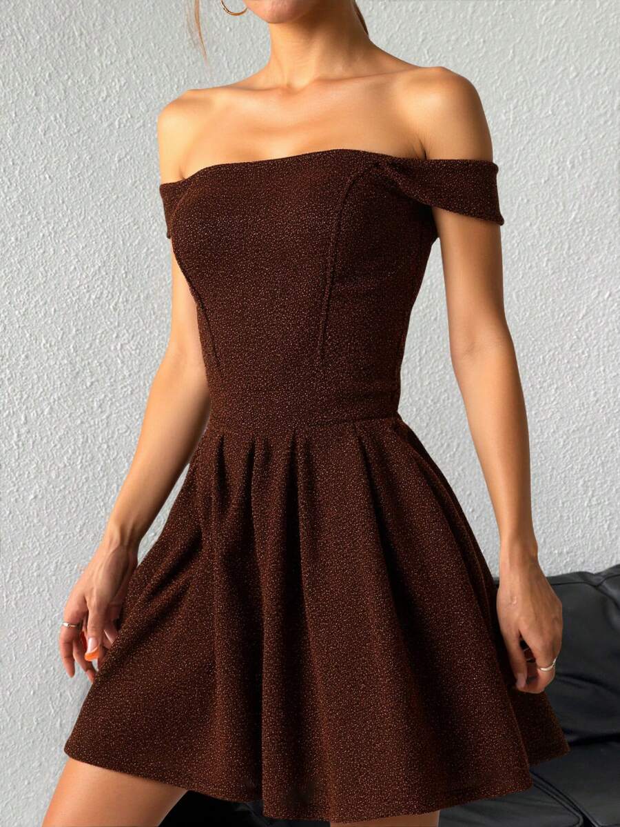 Vestido  corto brilloso elegante stretch dulce romántico sexy dama mujer cuello ojal manga corta corte en cintura drapeado bajo amplio cómodo  fiesta evento cumpleaños playa comida jardín primavera verano calor cómodo - Bronce - Ver 1