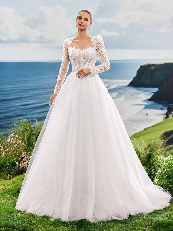 Elasola Luxury Beaded Lace Long Sleeve Tulle Bridal Gown With Sweep Train, Romantic Elegant Princess Style Wedding Dress For Hotel, Castle, Beach, Lawn Wedding