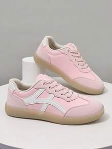 新款绒面革拼接系带女式休闲运动鞋，轻便厚底运动鞋，适合春秋季户外、学生、滑板运动