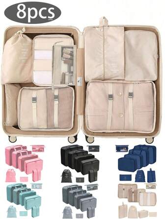 8 pièces/set Ensemble Organisateur de Voyage, Cubes de Rangement Pliables pour Bagage, Pochettes de Compression, Comprenant un Sac de Toilette, un Sac à Cosmétiques, un Sac à Sous-Vêtements, un Sac à Chaussures, des Sacs Organisateurs pour Lingerie et Chaussettes, Convient pour Valise, Voyage, Rangement Saisonnier