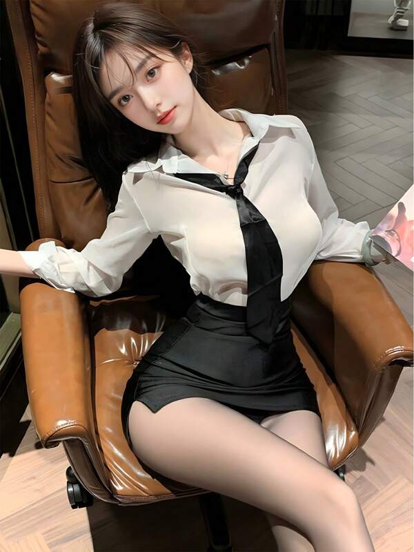 3-Piece Set Secretary Sexy See-Through Uniform Blouse Blouse Suit Collared Bottoms Bag Hip Skirt Professional Shirt Cosplay