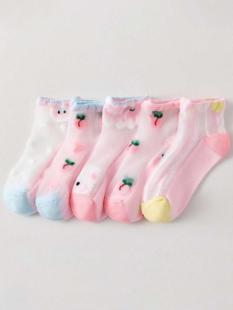 5双装女童冰丝袜子儿童袜子夏季薄款无骨透气冰丝袜 - 彩色 - 查看 1