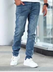 Regular Fit Men Classic Denim Jeans - Soft Slight Stretch Fabric, Washed Solid Color, All-Season Comfortable Basics For Teen - Woven, No Sheer, Regular Length