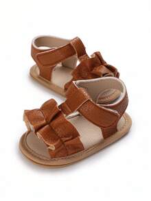 Newborn Infant Girls Wave Pattern Flat Sandals Soft Bottom Pre-Walker Shoes, Summer - Brown - View 2
