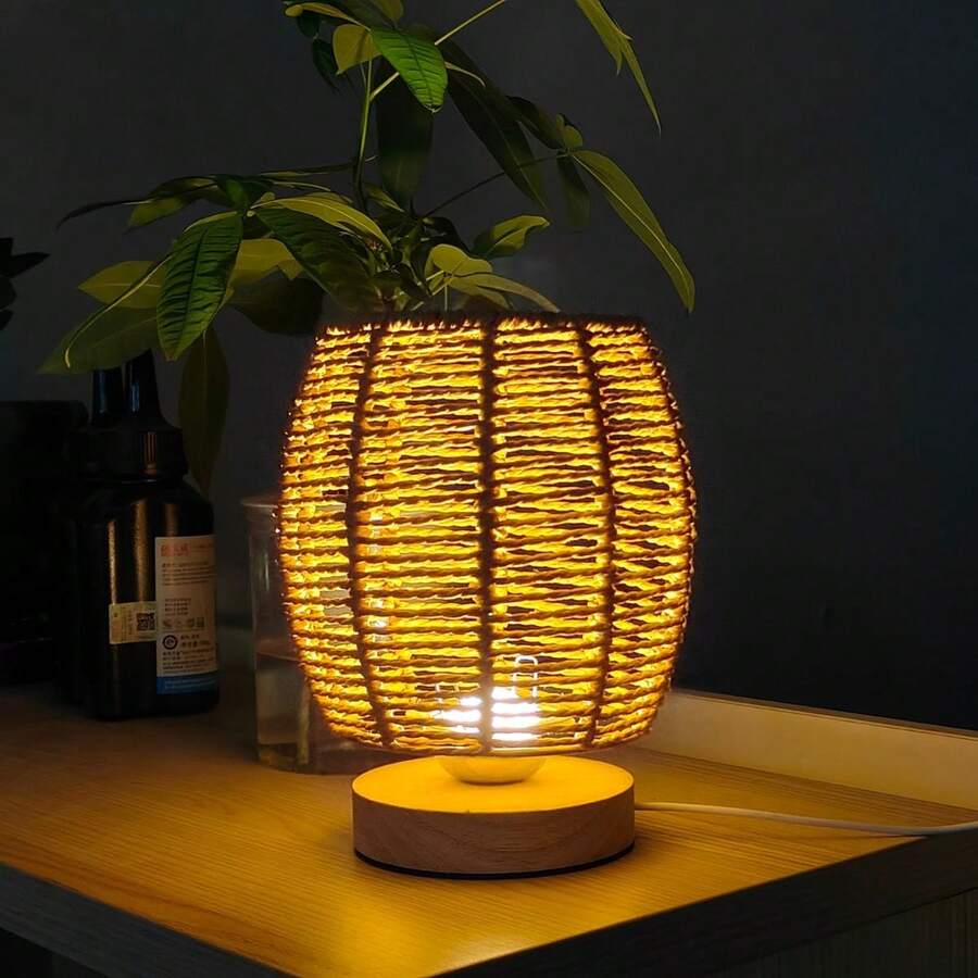 1pc Modern Vintage Woven Rope Lamp With Warm Color LED - USB Powered, With Switch Button, Wooden Base, Creates A Comfortable Atmosphere For Bedroom, Bathroom, Living Room Or Cafe, Bedside Table Lamp - Plug-in Single Color Warm Light - View 1