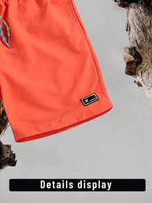 1pc Men's Summer Beach Shorts With Drawstring Waistband, Casual Style With Logo Detail | Ideal For Outdoor Activities, Leisurely Summer Days, Smooth Fabric Beach-Style Shorts