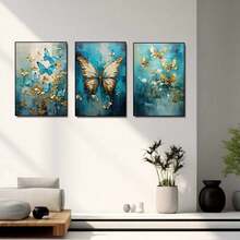 3pcs Modern Abstract Blue Butterfly Canvas Wall Arts Print Posters, Optional Frame, Suitable For Hanging Paintings In Living Rooms, Bedrooms, Offices, Coffee Shops, Bars, Homes, And Dormitories For Decoration ,Wall Art With Frame - Blue - View 3