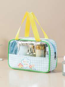 1pc Cartoon & Plaid Transparent PVC Toiletry Bag, Double Layer Dry-Wet Separation Organizer Bag, Waterproof For Travel & Swimming