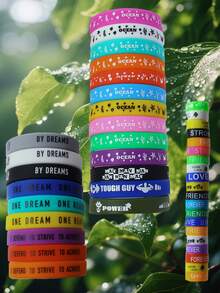 10/20pcs Assorted Color Silicone Bracelet & Ring Set, Fashion Sports Ocean Style Inspirational Quotes, Suitable For Gift Or Personal Use - Multicolor - View 1