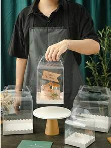 10pcs Cake Boxes, 6x6 Inches Clear Cake Boxes With Handle, Transparent Bakery Boxes, Small Baking Boxes, Cake Box For 6inch Ca - White - View 3