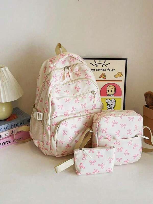 Set de 3 mochilas plegables resistentes al agua con estampado de lazo en nailon beige, con múltiples bolsillos, adecuadas para adolescentes, estudiantes de secundaria/universidad, mujeres para uso diario, escuela, entrenamiento, transporte, compras, viajes, regalo de San Valentín (las letras de etiqueta pequeñas son aleatorias), mochila escolar de moda con estuche para lápices, mochila con lazo lindo, esenciales para volver a la escuela