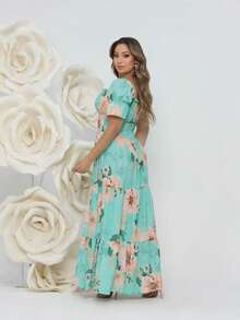 Women's Dress All-Over Print Leaf Boho Fabric Ruffle Hem Ruffled Ruched Long Beach Evening Birthday Party Baby Shower Garden Photoshoot - 薄荷綠 - 查看 2