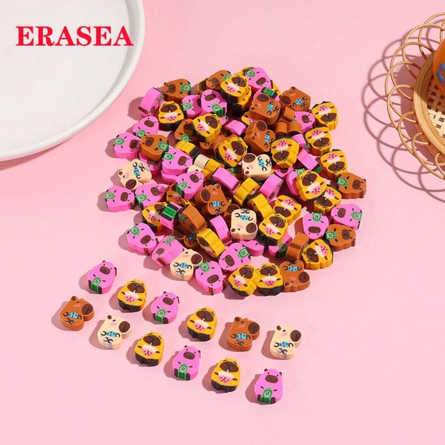 Set de 10/20/30 piezas de gomas de borrar de estilo de dibujo animado de capibara en colores aleatorios, regalos de suministros escolares y de oficina lindos para estudiantes