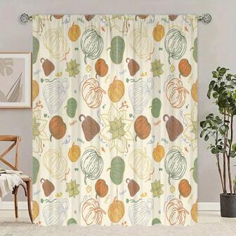 2pcs/Cartoon Pumpkin Lines-Printed Curtains - Polyester - Suitable For Bedroom, Living Room, Study Private Curtains Curtains, Curtains For Living Room, Curtains Bedroom, Curtains For Bedroom, Curtains Living Room, Kitchen Curtains, Blackout Curtains, Window Curtains Home Decor Room Decor