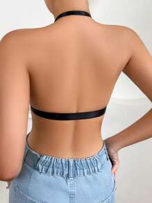 Sexy Charming Lace Patchwork Ribbed Front Closure Bra, Fashionable Halter Backless Wireless Comfortable Lingerie