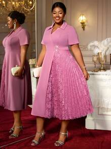 Pink Turn Down Collar A Line Dresses Lace Patchwork Short Sleeves Work Business Party Fashion Curve Women