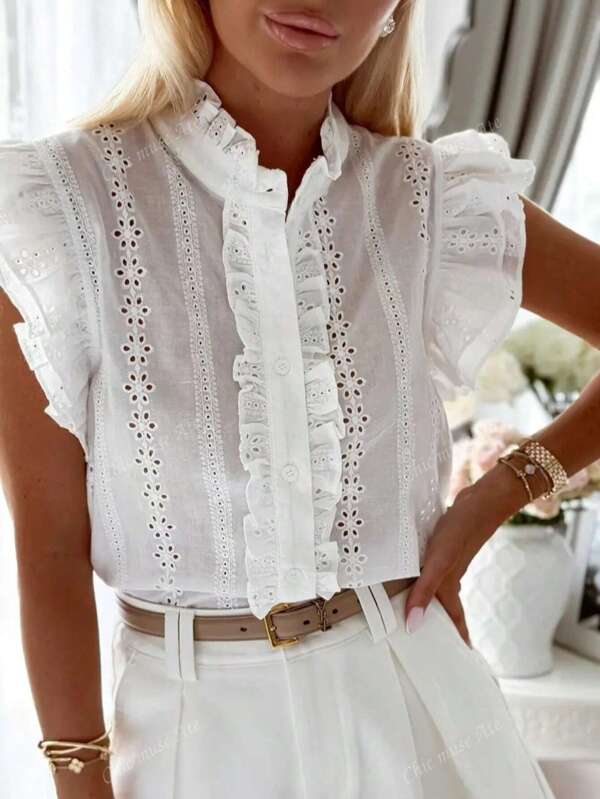 Blusa de mujer elegante con mangas plisadas bordadas, blusa casual de mezcla de poliéster con cuello en V tejida, de unicolor para el verano, adecuada para adultos
