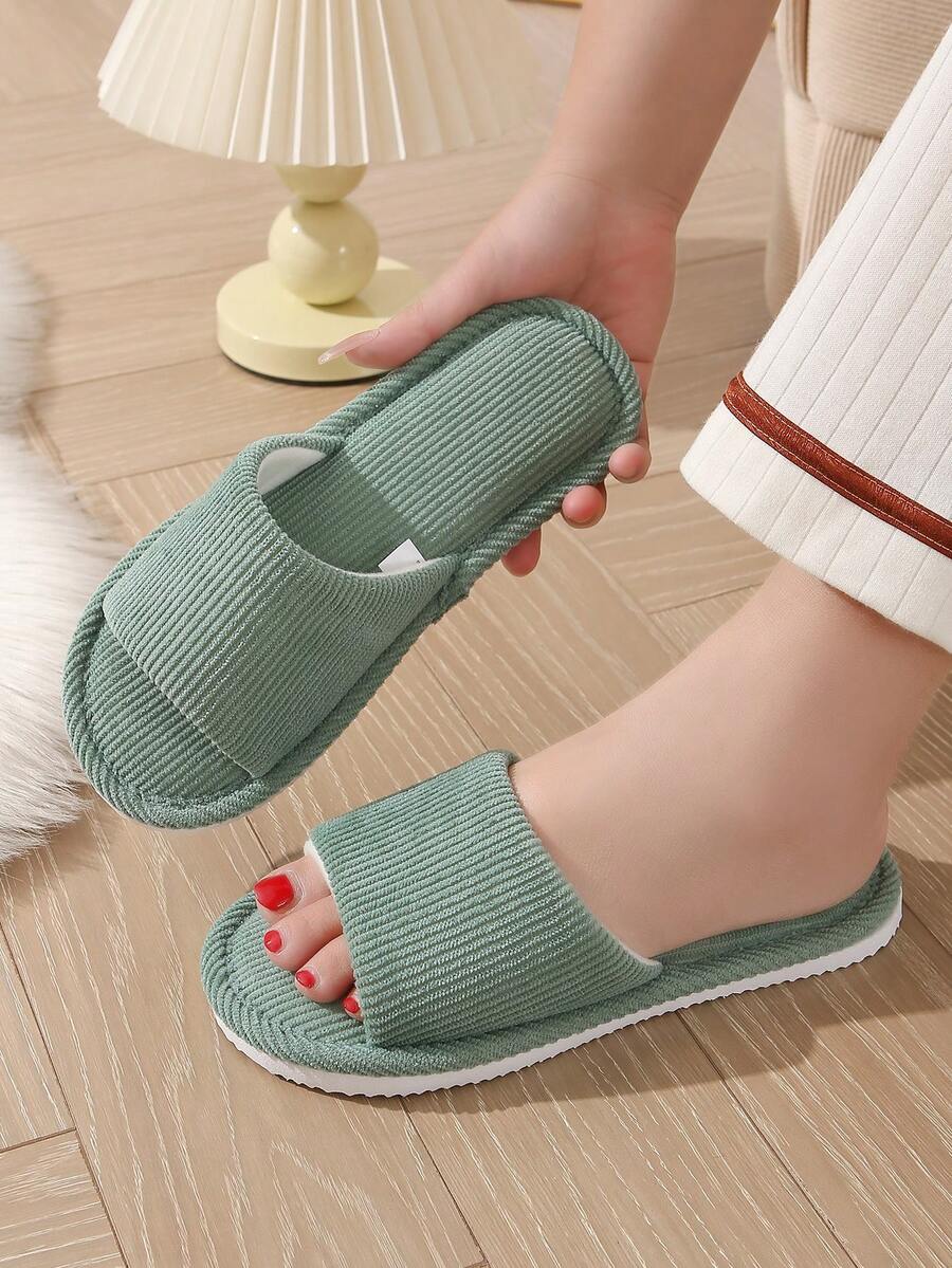 Women Corduroy Open Toe Slippers With Rough Toes, Indoor Home Slippers, Strap Sandals, Beige, Spring/Summer - Green - View 1