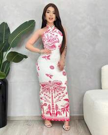 Cajuni One-Shoulder Long Dress, Tropical Plants And Parrot Print, Casual Summer Vacation, Boho Style For Women - Đỏ - Xem 1